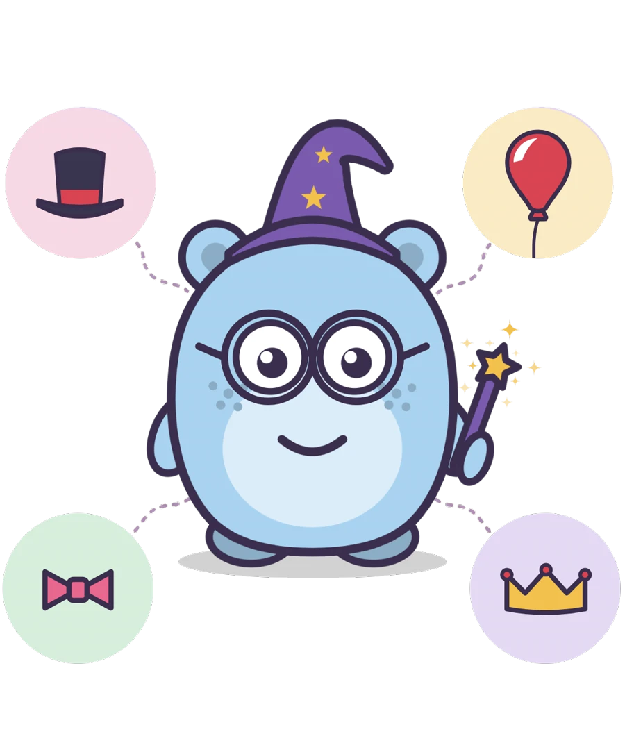 A Chomper in a wizard hat and glasses, holding a wand, with a top hat, a balloon, a bow tie and a crown to choose from