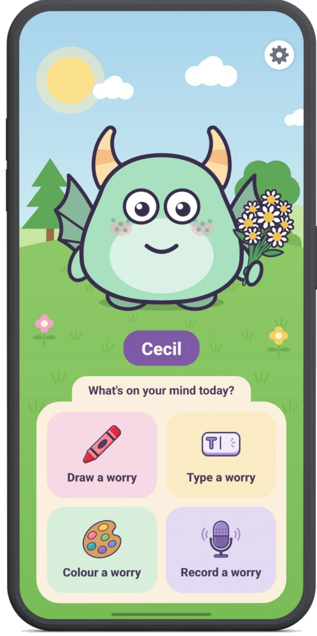 The Worry Chompers home screen on a phone: a Chomper on its meadow, and four ways to make a worry